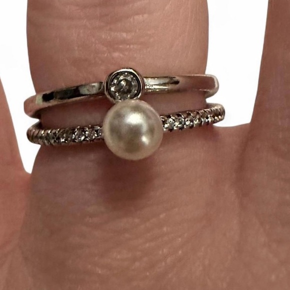 Pandora Silver Freshwater Cultured Pearl Pave Double Band Ring Size 5 NWT - Picture 8 of 8